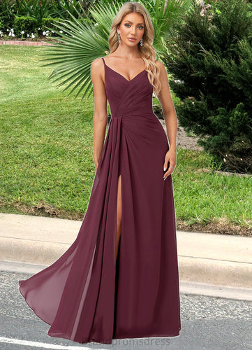 Cristal A-line V-Neck Floor-Length Chiffon Bridesmaid Dress With Ruffle XXCP0022611