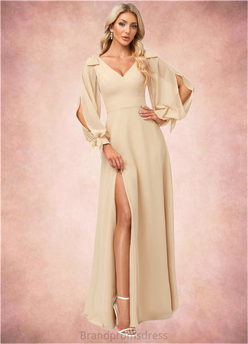 Novia A-line V-Neck Floor-Length Chiffon Bridesmaid Dress With Bow XXCP0022613