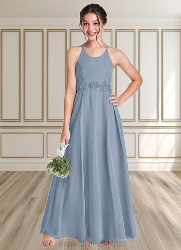 Ciara A-Line Lace Chiffon Floor-Length Junior Bridesmaid Dress dusty blue XXCP0022860