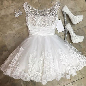 Princess/A-Line Crew Neck Short White Dresses With Lace Homecoming Dresses Nathalia Beading Prom
