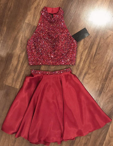 Halter Sleeveless Red Two Pieces Satin A Line Kirsten Homecoming Dresses Beading Pleated Short