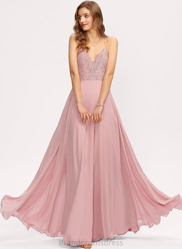 Angelica Lace V-neck A-Line Chiffon Prom Dresses Floor-Length