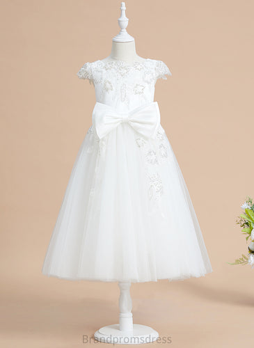 Tulle/Lace Sequins/Bow(s) Tea-length With A-Line Short Neck Scoop Joanna Flower Girl Dresses Girl - Flower Dress Sleeves