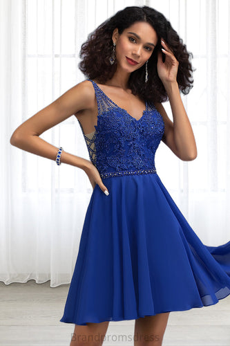 Teagan A-line V-Neck Short/Mini Chiffon Lace Homecoming Dress With Beading XXCP0020563
