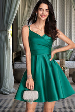 Load image into Gallery viewer, Liana A-line V-Neck Short/Mini Satin Homecoming Dress With Ruffle XXCP0020539