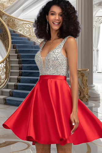Lillian A-line V-Neck Short/Mini Satin Homecoming Dress With Beading Sequins XXCP0020569