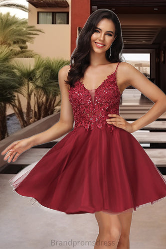 Kaylen A-line V-Neck Short/Mini Lace Tulle Homecoming Dress With Sequins XXCP0020498
