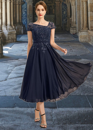 Zoie A-line Asymmetrical Tea-Length Chiffon Lace Mother of the Bride Dress With Sequins XXC126P0021750
