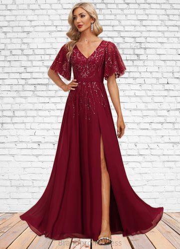 Everly A-line V-Neck Floor-Length Chiffon Lace Mother of the Bride Dress With Sequins XXC126P0021767