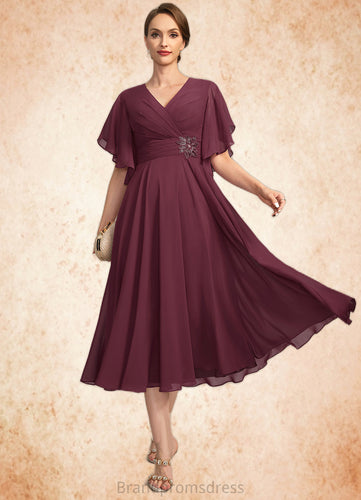 Rosa A-line V-Neck Tea-Length Chiffon Mother of the Bride Dress With Beading Pleated XXC126P0021774