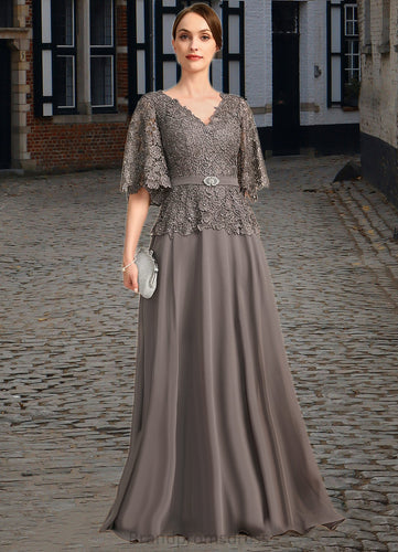Stella A-line V-Neck Floor-Length Chiffon Lace Mother of the Bride Dress With Rhinestone Crystal Brooch XXC126P0021782