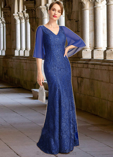 Leia Trumpet/Mermaid V-Neck Floor-Length Chiffon Lace Mother of the Bride Dress With Sequins XXC126P0021795