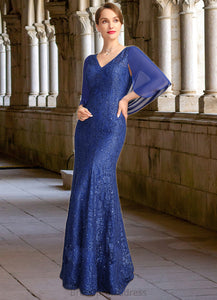 Leia Trumpet/Mermaid V-Neck Floor-Length Chiffon Lace Mother of the Bride Dress With Sequins XXC126P0021795