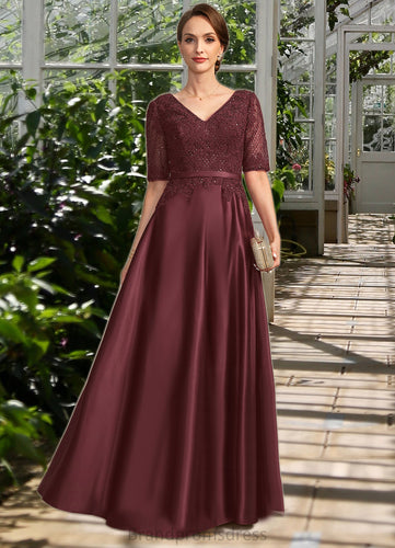 Luciana A-line V-Neck Floor-Length Lace Satin Mother of the Bride Dress With Sequins XXC126P0021803