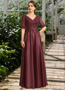 Luciana A-line V-Neck Floor-Length Lace Satin Mother of the Bride Dress With Sequins XXC126P0021803