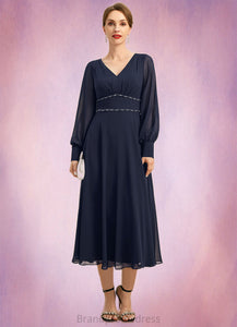 Millie A-line V-Neck Tea-Length Chiffon Mother of the Bride Dress With Beading Pleated XXC126P0021804