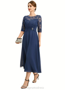 Ruby A-line Scoop Illusion Tea-Length Chiffon Lace Mother of the Bride Dress With Beading XXC126P0021826