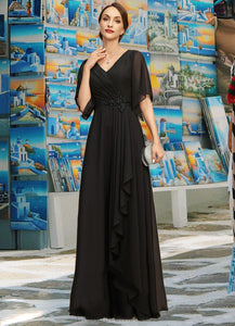 Megan A-line V-Neck Floor-Length Chiffon Mother of the Bride Dress With Beading Cascading Ruffles Sequins XXC126P0021836