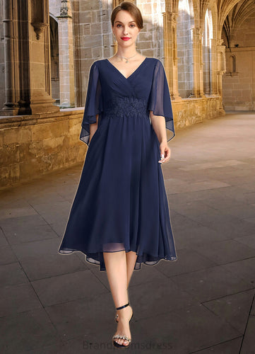 Brielle A-line V-Neck Asymmetrical Chiffon Mother of the Bride Dress With Pleated Appliques Lace XXC126P0021845