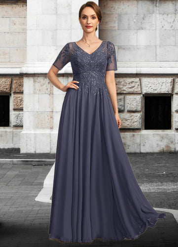 Luz A-line V-Neck Illusion Floor-Length Chiffon Lace Mother of the Bride Dress With Sequins XXC126P0021867