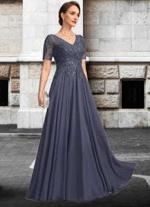 Luz A-line V-Neck Illusion Floor-Length Chiffon Lace Mother of the Bride Dress With Sequins XXC126P0021867