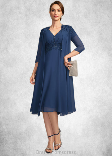 Ruby A-line V-Neck Knee-Length Chiffon Lace Mother of the Bride Dress With Beading Pleated Sequins XXC126P0021874