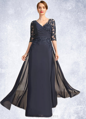 Nia A-line V-Neck Floor-Length Chiffon Lace Mother of the Bride Dress With Pleated Sequins XXC126P0021880