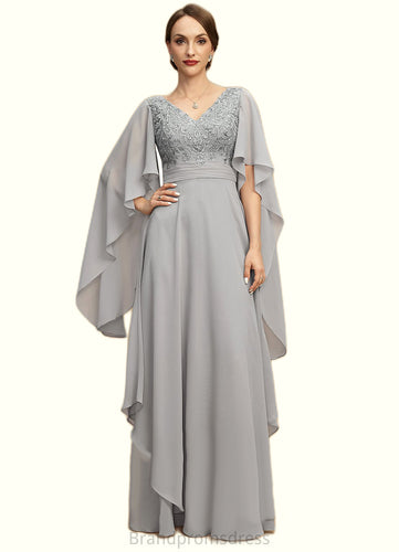 Sariah A-line V-Neck Floor-Length Chiffon Lace Mother of the Bride Dress With Cascading Ruffles Sequins XXC126P0021883