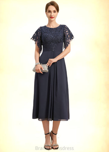 Kathleen A-line Scoop Tea-Length Chiffon Lace Mother of the Bride Dress With Pleated XXC126P0021928