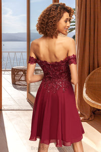 Perla A-line Off the Shoulder Short/Mini Chiffon Lace Homecoming Dress With Sequins XXCP0020528