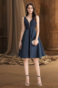 Brynlee A-line V-Neck Knee-Length Lace Satin Homecoming Dress With Beading XXCP0020517