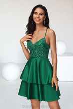 Load image into Gallery viewer, Michaela A-line V-Neck Short/Mini Lace Satin Homecoming Dress With Sequins XXCP0020499