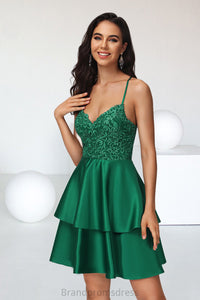 Michaela A-line V-Neck Short/Mini Lace Satin Homecoming Dress With Sequins XXCP0020499