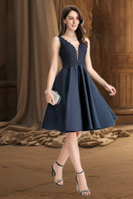 Load image into Gallery viewer, Brynlee A-line V-Neck Knee-Length Lace Satin Homecoming Dress With Beading XXCP0020517