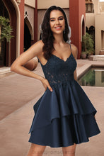 Load image into Gallery viewer, Nan A-line V-Neck Short/Mini Lace Satin Homecoming Dress XXCP0020504