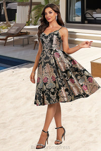 Serenity A-line V-Neck Knee-Length Lace Satin Homecoming Dress With Flower XXCP0020521