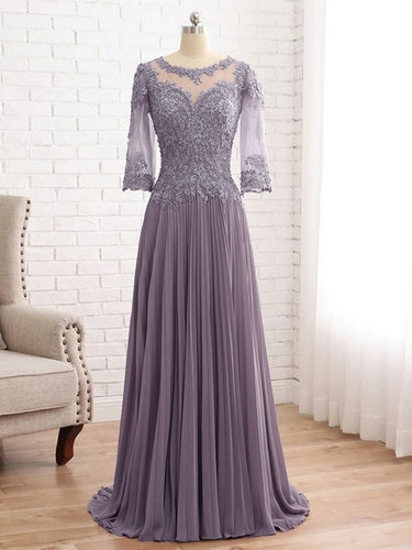 Brooklyn A-Line/Princess Chiffon Lace Scoop 3/4 Sleeves Sweep/Brush Train Mother of the Bride Dresses XXCP0020455