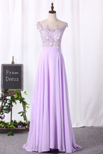Load image into Gallery viewer, 2024 Scoop Cap Sleeves Prom Dresses Chiffon With Applique Floor Length