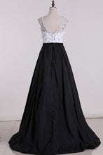 Load image into Gallery viewer, 2024 A Line Scoop Beaded Bodice Prom Dresses Taffeta Sweep Train