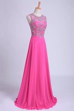 Load image into Gallery viewer, 2024 Scoop A-Line Chiffon&amp;Tulle Floor-Length Prom Dresses With Beads Color Fuchsia