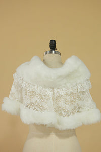 Pretty White Faux Fur & Lace Wedding Wrap With Beading