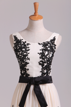 Load image into Gallery viewer, 2024 Straps A Line Chiffon Prom Dress Short With Black Applique &amp; Sash