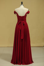 Load image into Gallery viewer, 2022 Burgundy/Maroon Prom Dresses Off The Shoulder A Line Chiffon Floor Length With Ruffles