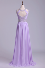 Load image into Gallery viewer, 2022 Sexy Prom Dresses Scoop A Line Floor-Length Open Back Chiffon With Beading