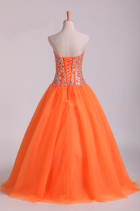 2024 Quinceanera Dresses Ball Gown Sweetheart Beaded Bodice Floor Length Tulle