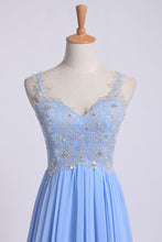 Load image into Gallery viewer, 2022 Low Back Straps A Line Chiffon Prom Dress With Lace Bodice