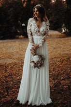 Load image into Gallery viewer, Floor Length Long Sleeves Sheer Neck Split Appliques Chiffon Beach Wedding Dress