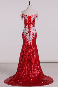 2024 Prom Dresses Sweep Train Mermaid Off-The-Shoulder Sequins Lace Red