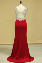 Load image into Gallery viewer, 2022 Red V Neck Beaded Bodice Open Back Prom Dresses Column Spandex Sweep Train Plus Size