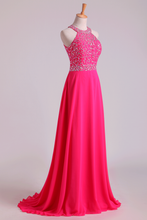 Load image into Gallery viewer, 2024 Halter Prom Dresses Beaded Bodice Open Back A Line Chiffon &amp; Tulle Sweep Train